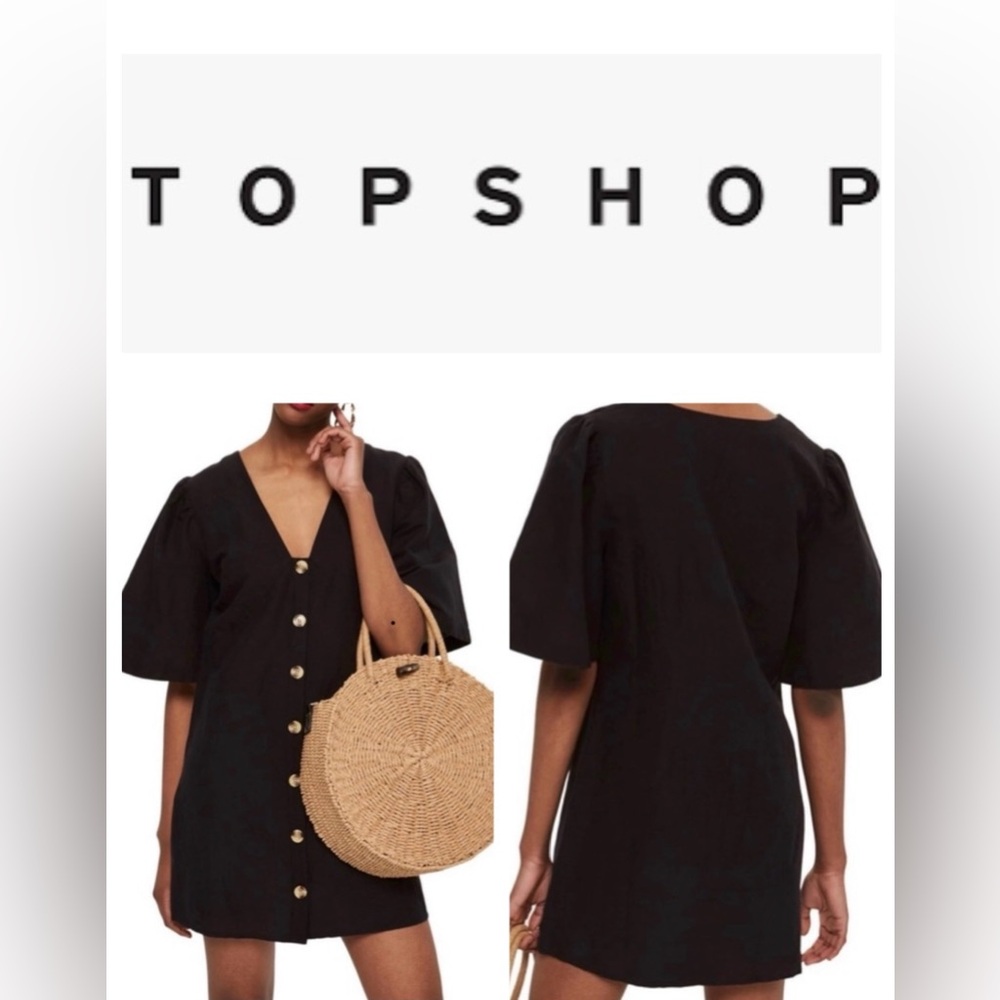 Topshop Black Button Front Angel Sleeve Short Linen Dress Size 6